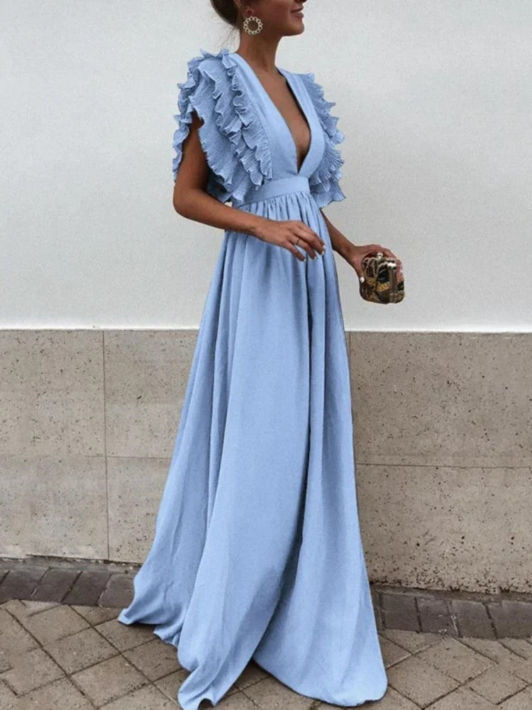 Helena - Elegantes Kleid mit V-Ausschnitt und gerüschten Ärmeln