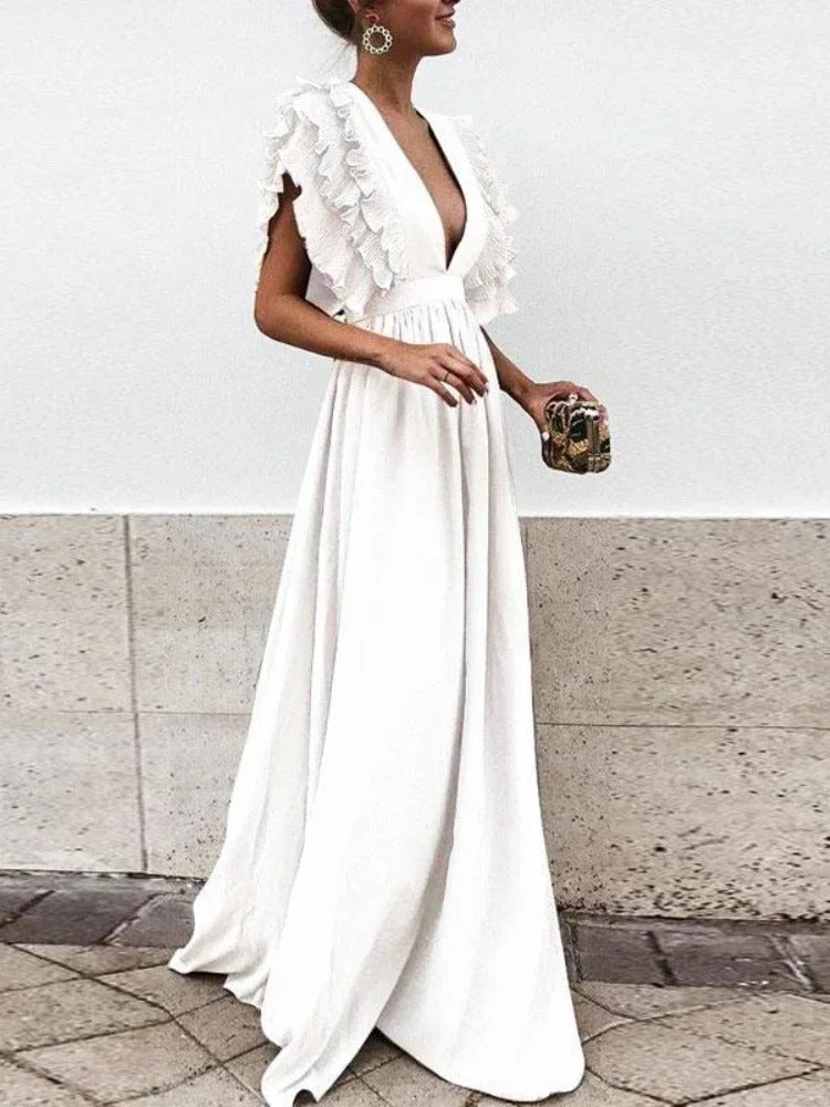 Helena - Elegantes Kleid mit V-Ausschnitt und gerüschten Ärmeln