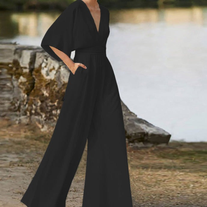 Sonne - Halbarm Jumpsuit Weite Beine
