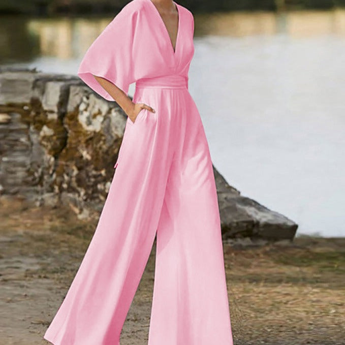 Sonne - Halbarm Jumpsuit Weite Beine
