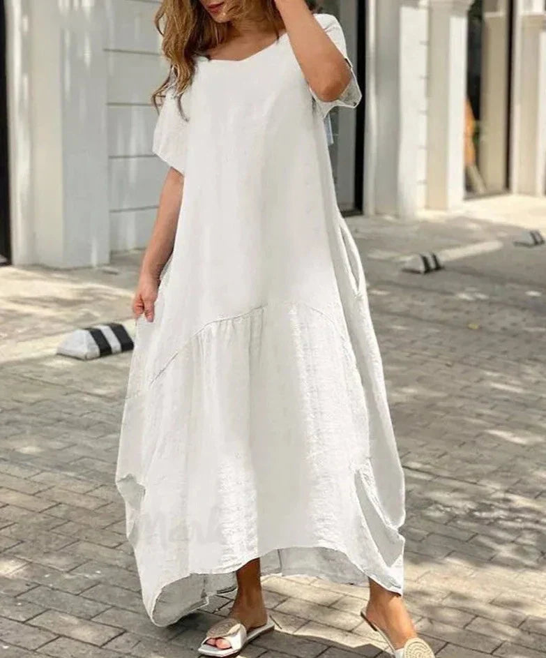 Damen-Maxikleid mit weitem V-Ausschnitt und kurzen Ärmeln