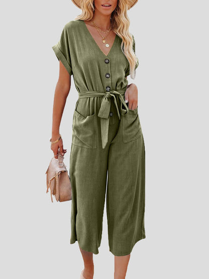 Casual Jumpsuit mit V-Ausschnitt, Gürtel und doppelter Tasche