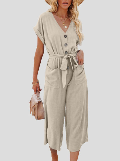 Casual Jumpsuit mit V-Ausschnitt, Gürtel und doppelter Tasche