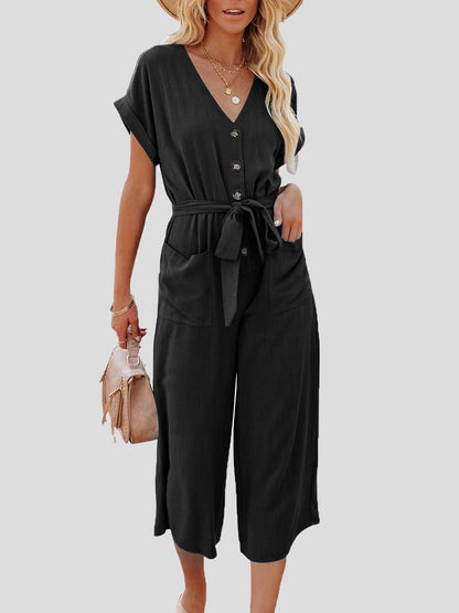 Casual Jumpsuit mit V-Ausschnitt, Gürtel und doppelter Tasche