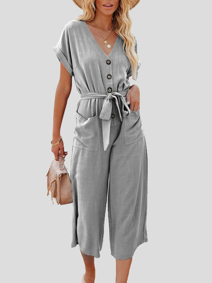 Casual Jumpsuit mit V-Ausschnitt, Gürtel und doppelter Tasche